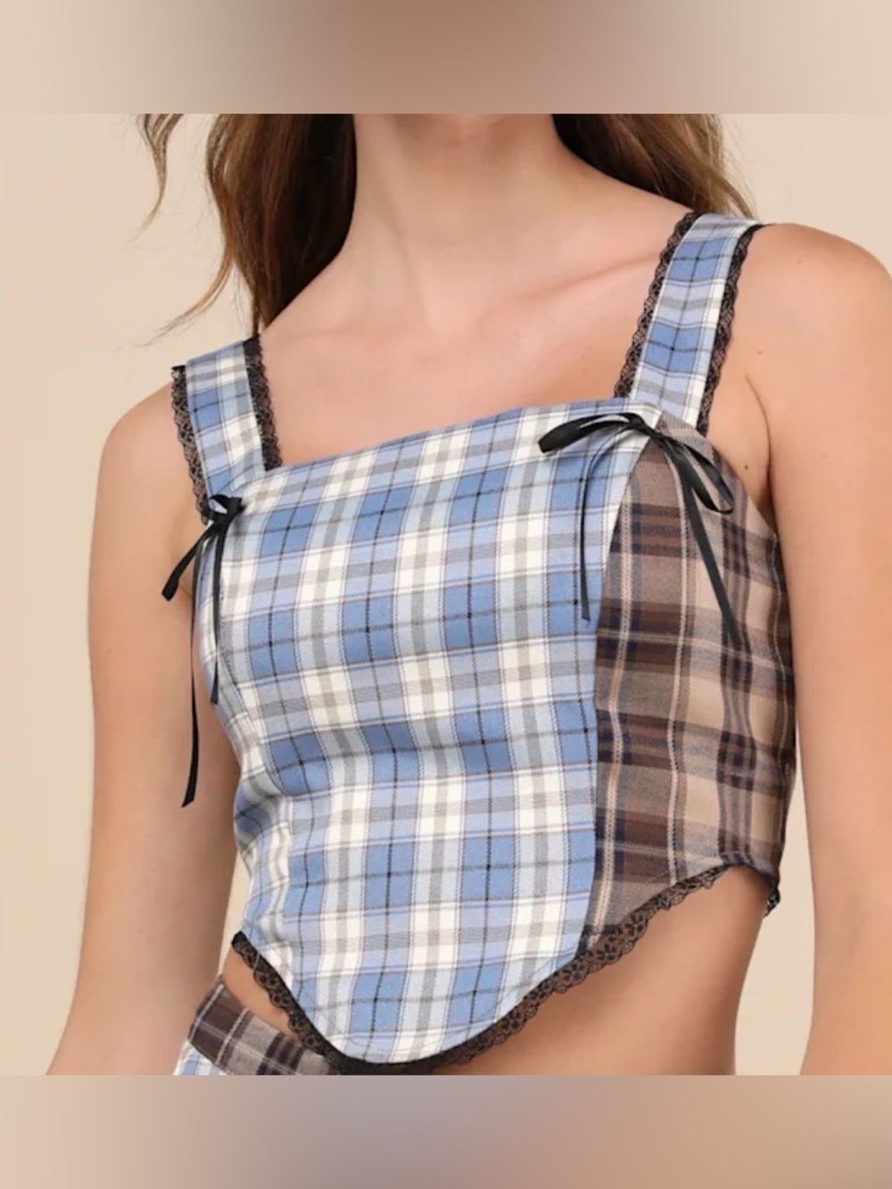 Daisy Street Plaid Patchwork Corset Crop Top Blue Brown Lace NWT M L